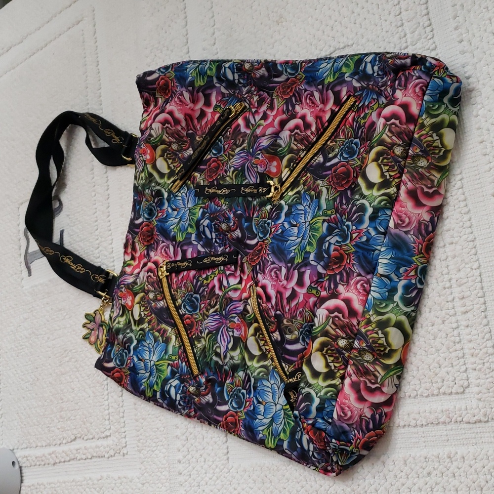 ED HARDY BY CHRISTIAN AUDIGIER FLORAL PANTHER TATOO PRINT TOTE BAG